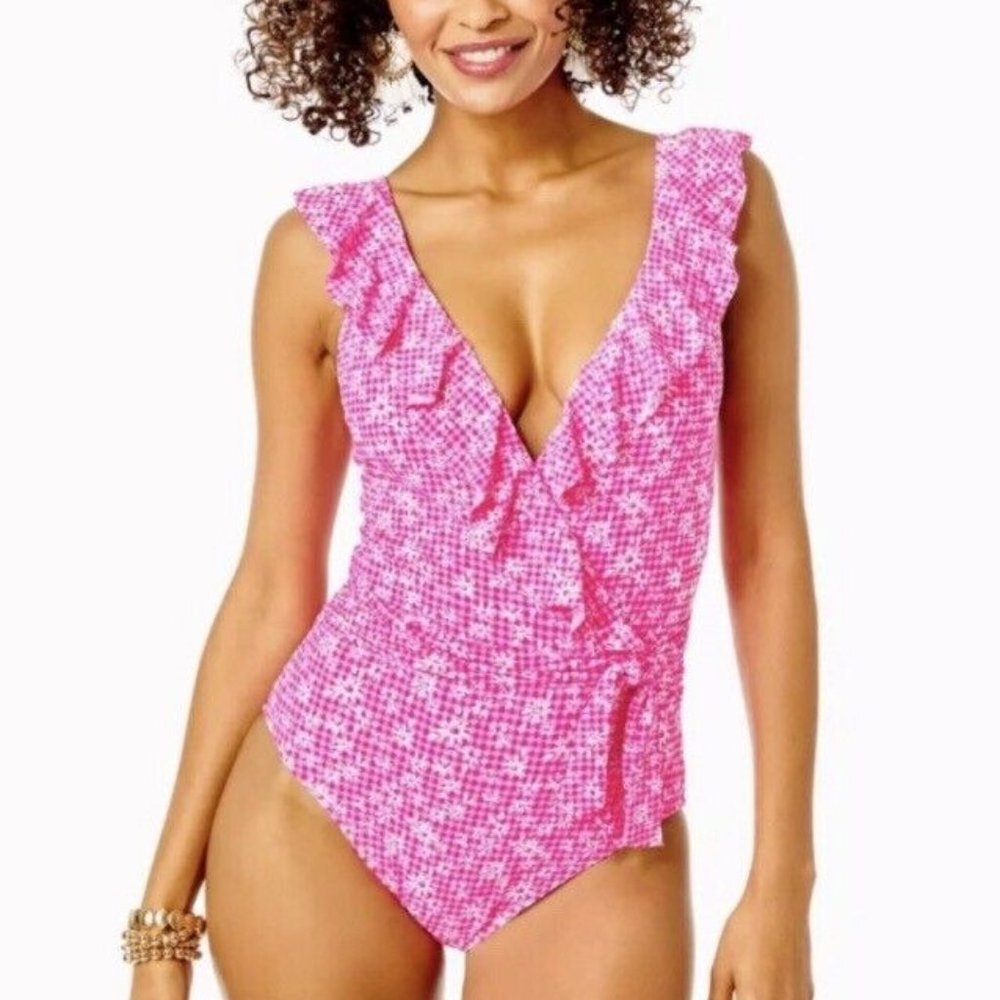 NWT Lilly Pulitzer Delphie One Piece Swimsuit Aura Pink Check You Out